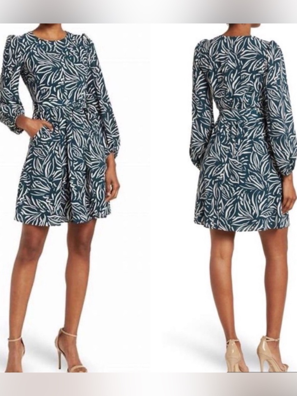 Eliza J Teal White Abstract Leaf Print Belted Long Sleeve Dress Size 14